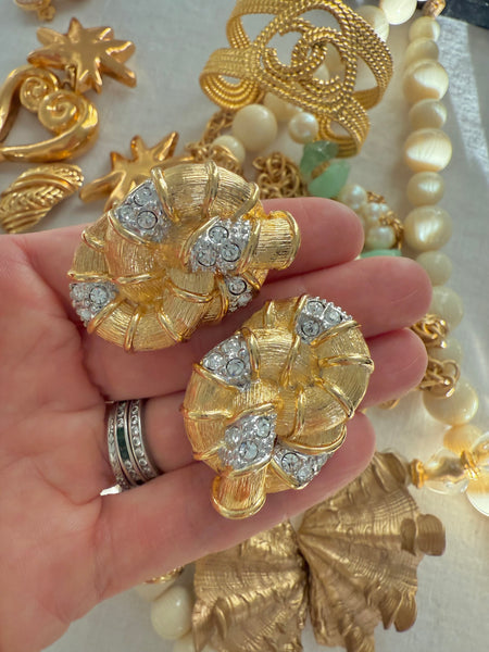 Gold Plated Rhinestone Knot Clip On Earrings