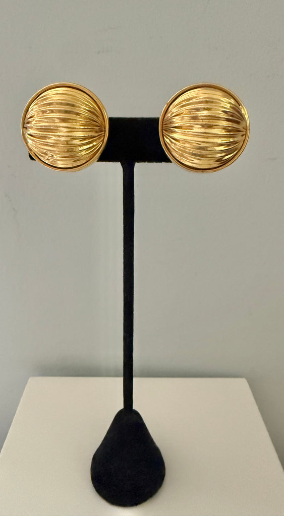 Gold Plated Round Ribbed Clip On Earrings