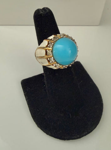 Mazer Enamel & Turquoise Cabochon Ring Size 6.5