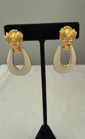Goldette Ram Cream Enamel Door Knocker Clip On Earrings