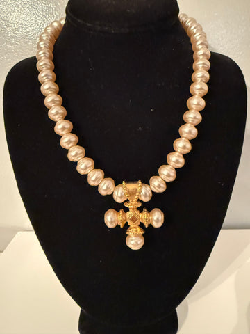 Faux Pearl Maltese Cross Necklace