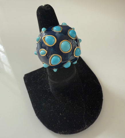 Large Blue Enamel & Resin Turquoise Ring Size 6.5
