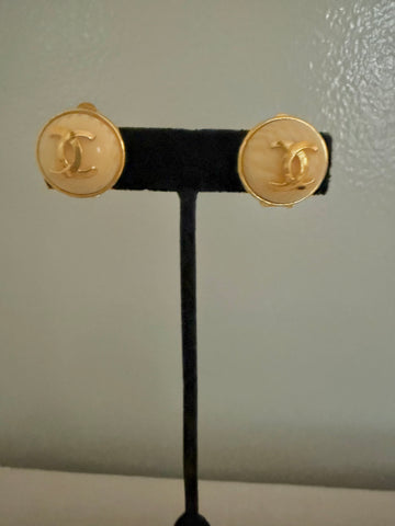 Chanel Petite Cream Logo Clip On Earrings