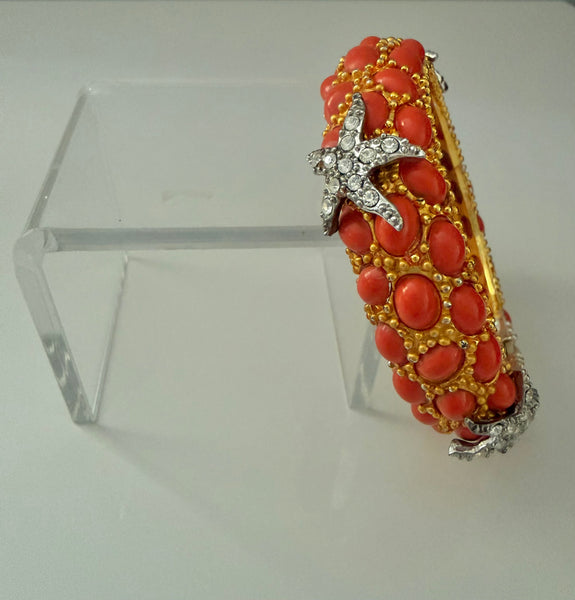 Coral Cabochon Hinged Starfish Bracelet