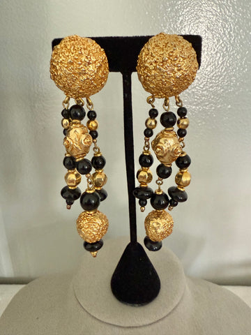 Black and Gold Clip On Dangle Earrings