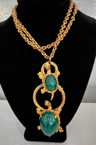 Les Bernard Green Cabochon Turtle Necklace