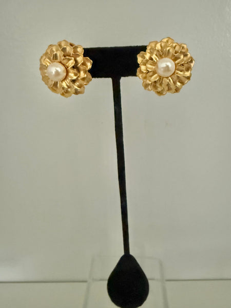 Monet Gold Flower Clip On Earrings with Pearl