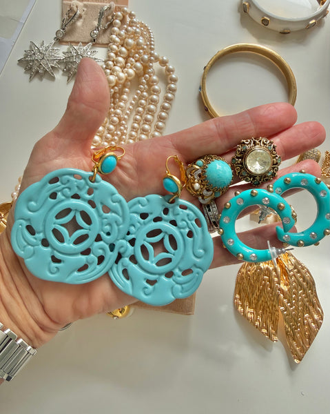 Kenneth Jay Lane Carved Turquoise Resin Earrings for Pierced Ears