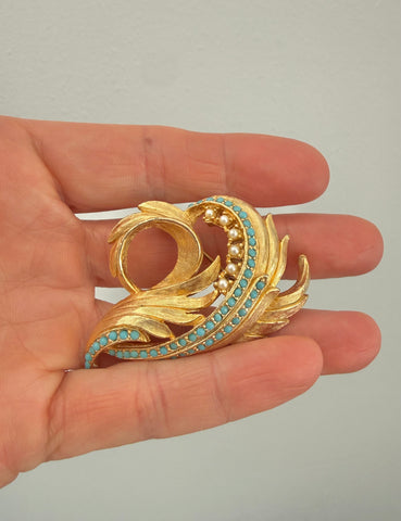 Sphinx Turquoise and Pearl Brooch