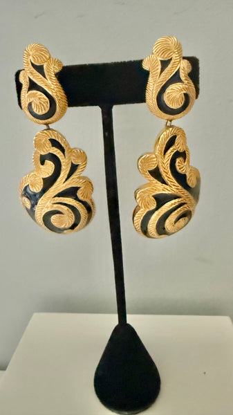 Christian Dior Black Enamel & Gold Swirl Dangle Earrings