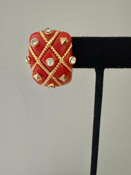 Coral Rectangular Clip On Earrings