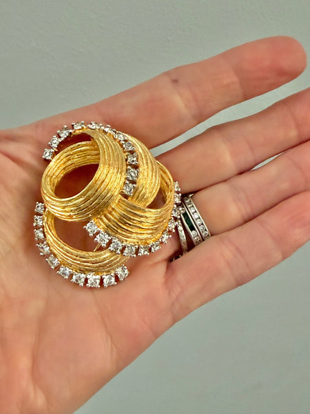 Rhinestone & Gold Swirl Brooch