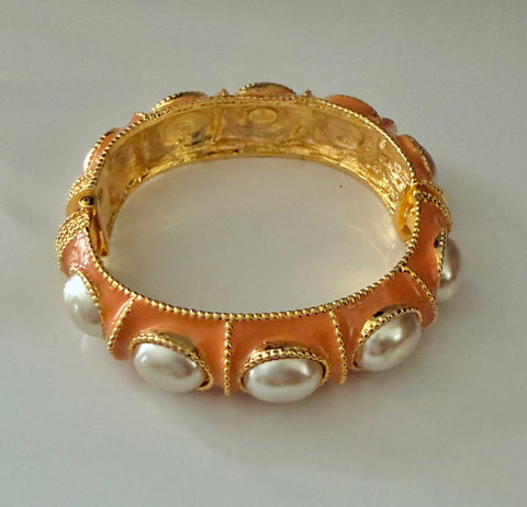 Coral Enamel Bracelet with Pearl Cabochons