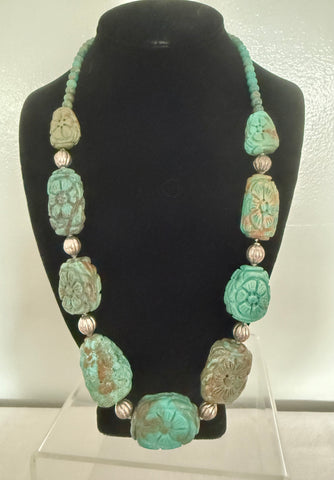Sterling Silver and Carved Turquoise Flower Necklace