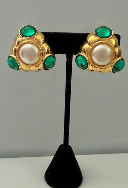 YSL for Monet Pearl & Emerald Clip On Earrings