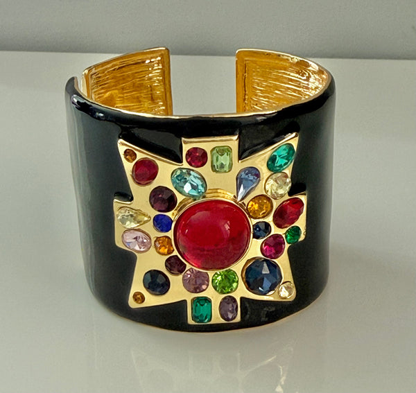 Kenneth Jay Lane Black Enamel Maltese Cabochon Cuff Bracelet