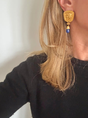 Gold and Blue Post Dangle Earrings