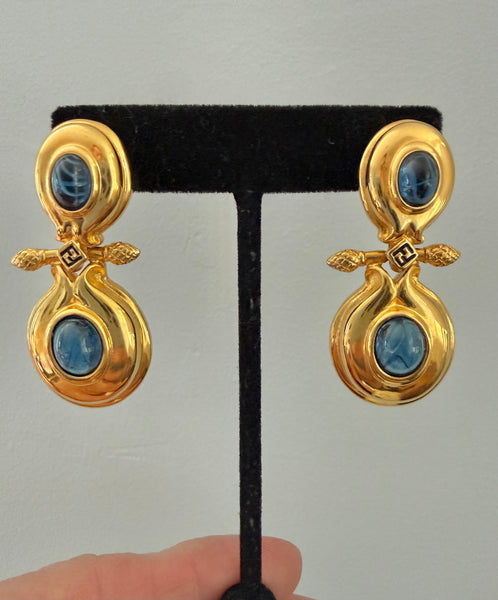 Fendi Blue Glass Cabochon Post Earrings