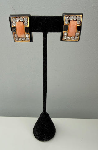Black and Coral Art Deco Clip On Earrings