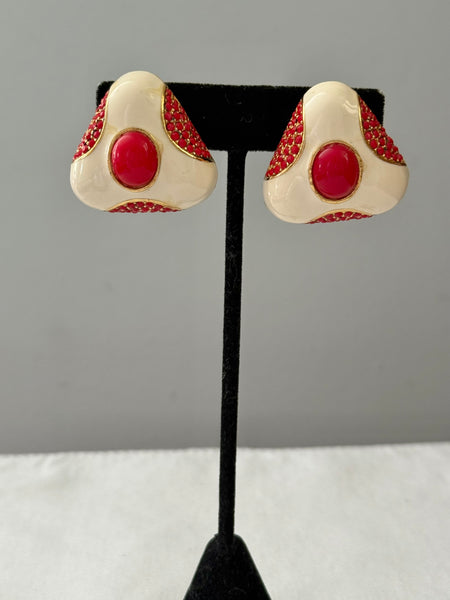 Enamel & Red Lucite Clip On Earrings