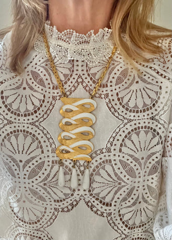 Pauline Rader White Enamel Pendant Necklace