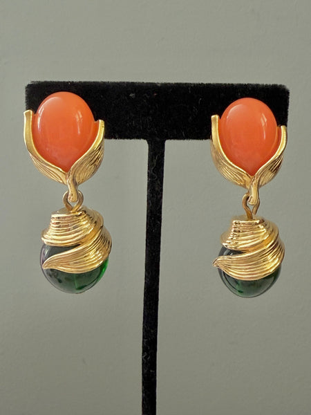 Givenchy Gold Leaf Coral and Green Clip On Earrings