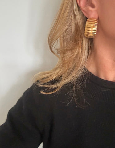 Wide Ribbed Gold Hoop Post Earrings