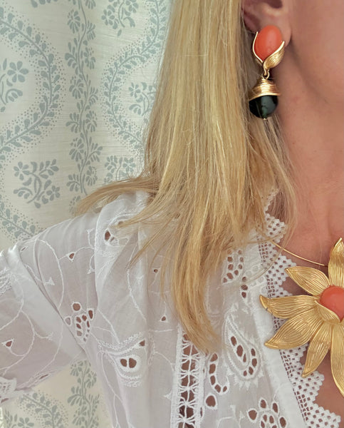 Givenchy Gold Leaf Coral and Green Clip On Earrings
