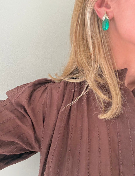 Marvella Green Glass Rhinestone Clip On Drop Earrings
