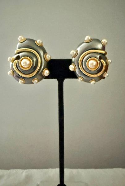 Kenneth Jay Lane Silver Pearl Nautilus Clip On Earrings