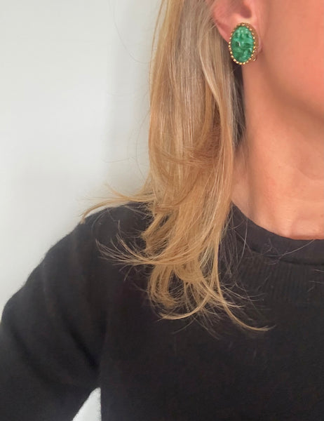 Green Carved Resin Asian Clip On Earrings