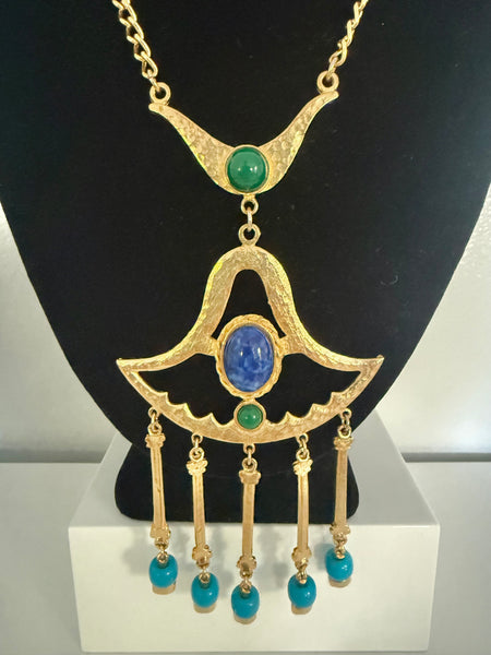 Egyptian Revival Necklace with Blue and Green Cabochons