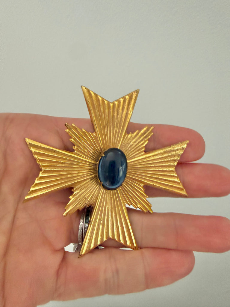 Miriam Haskell Maltese Cross Brooch with Blue Glass Stone