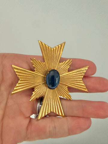 Miriam Haskell Maltese Cross Brooch with Blue Glass Stone
