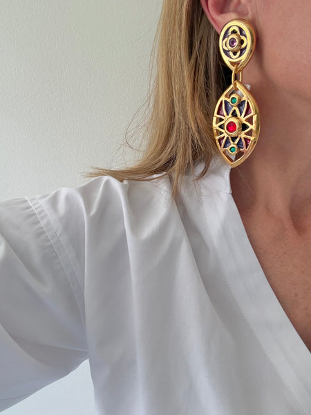 Frederic Vollé Gilded Resin Hand Enameled Clip On Earrings
