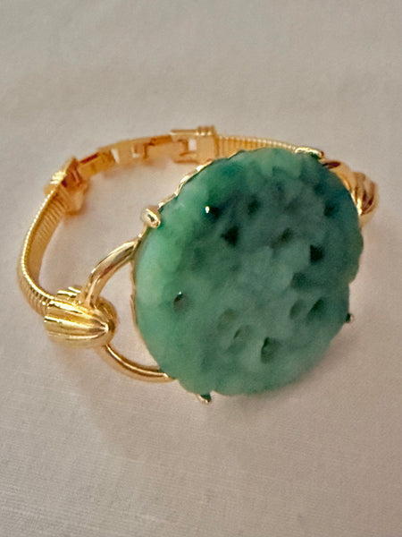 Contemporary Carved Lucite Green Disk Bracelet