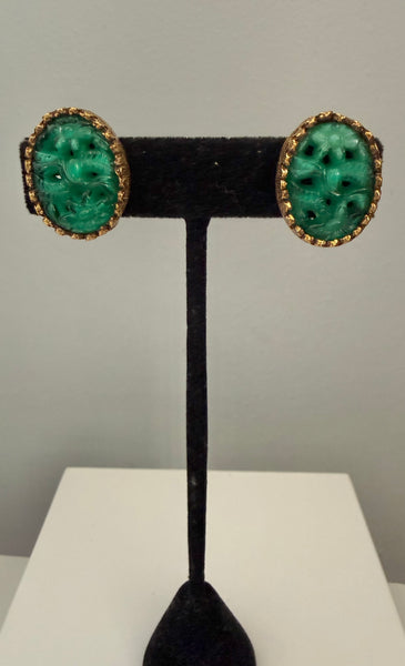 Green Carved Resin Asian Clip On Earrings