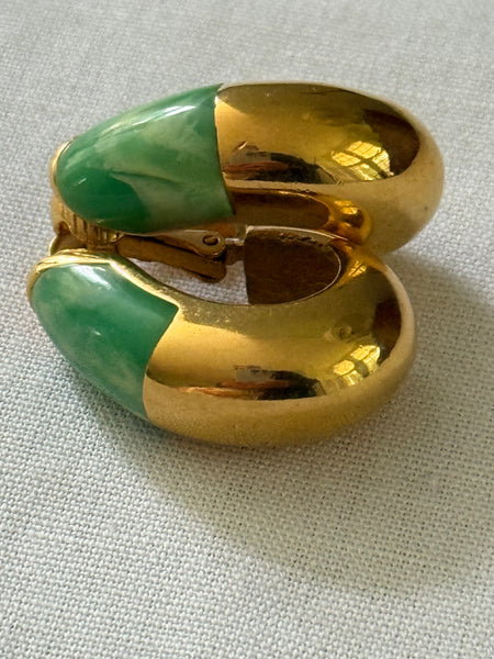 Givenchy Green Lucite Gold Plated Clip On Hoop Earrings