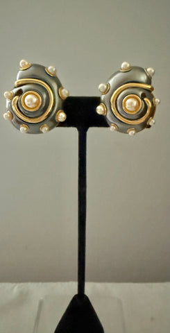 Kenneth Jay Lane Silver Pearl Nautilus Clip On Earrings
