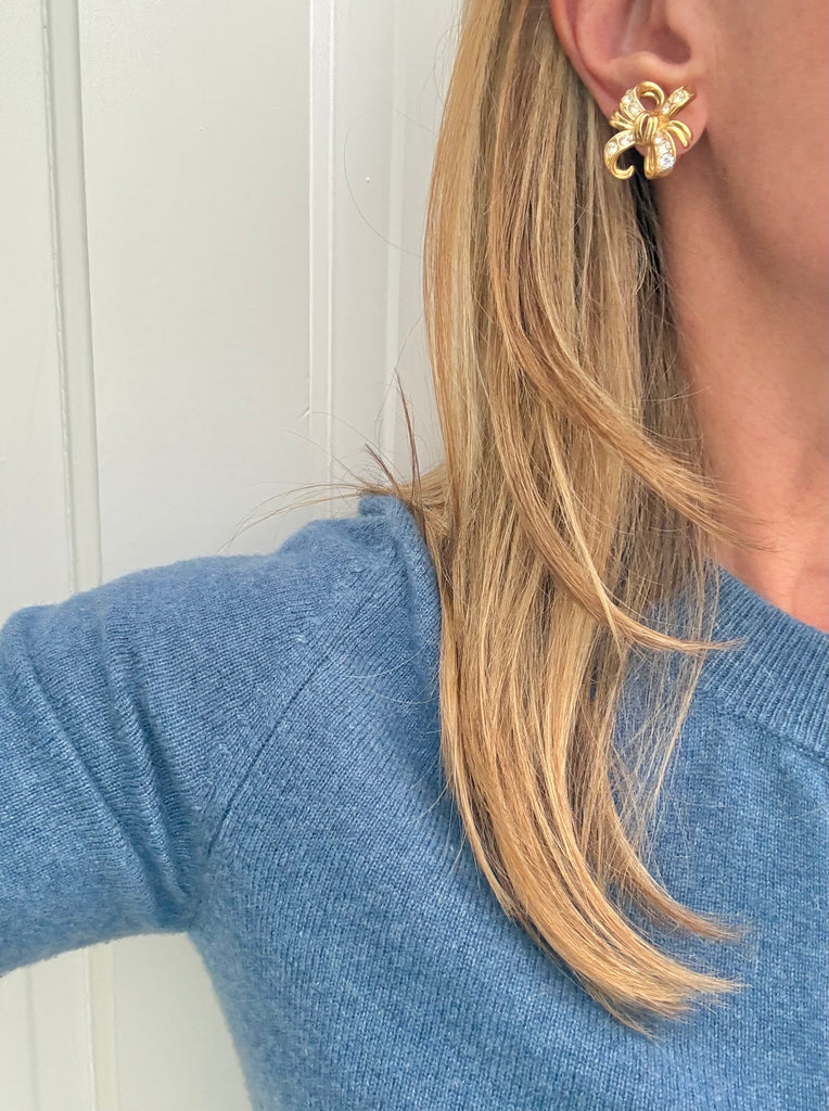 Trifari Gold Bow Clip On Earrings with Rhinestones