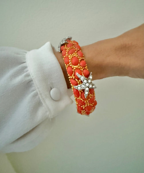 Coral Cabochon Hinged Starfish Bracelet