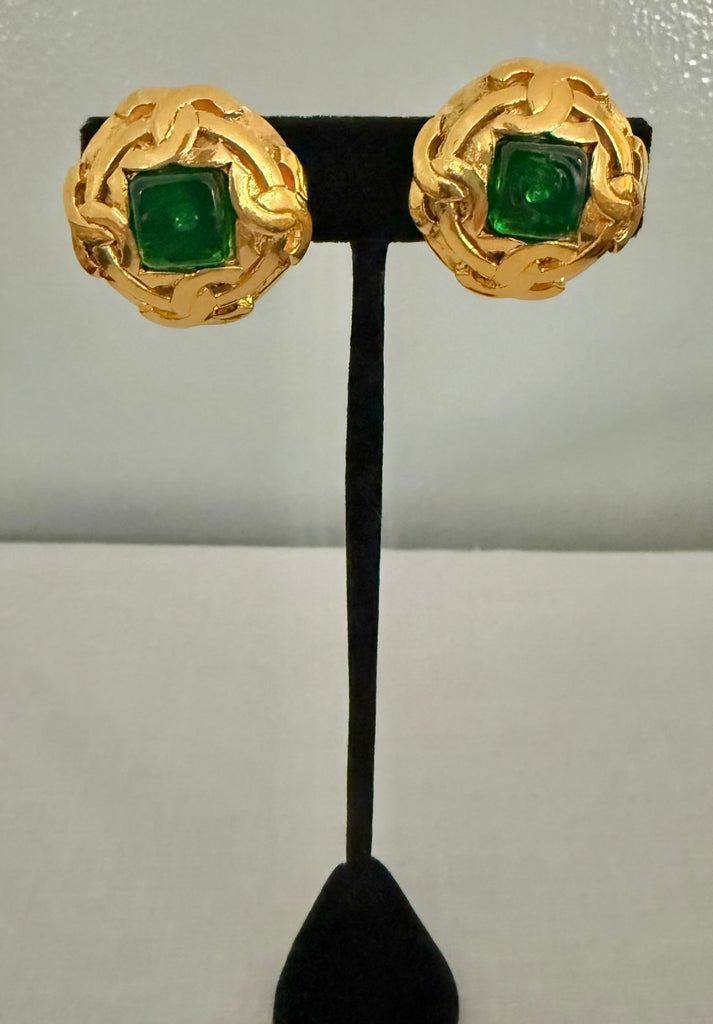 Chanel Green Glass Clip On Earrings
