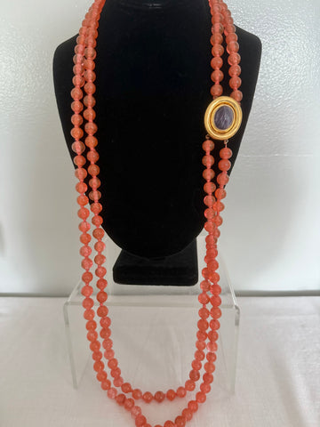 Coral Glass Beads with Amethyst Clasp