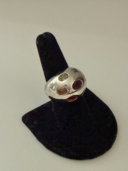 Silver Plated Bombe Ring with Stones Size 8