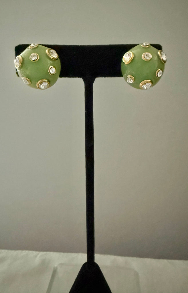 Kenneth Jay Lane Light Green Clip On Earrings with Bezel Set Rhinestones