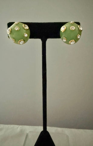 Kenneth Jay Lane Light Green Clip On Earrings with Bezel Set Rhinestones