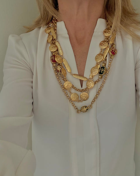 Chanel Green & Red Gripoix Logo Station Necklace