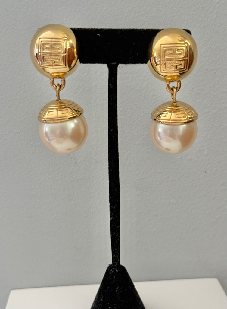 Givenchy Logo Pearl Post Dangle Earrings