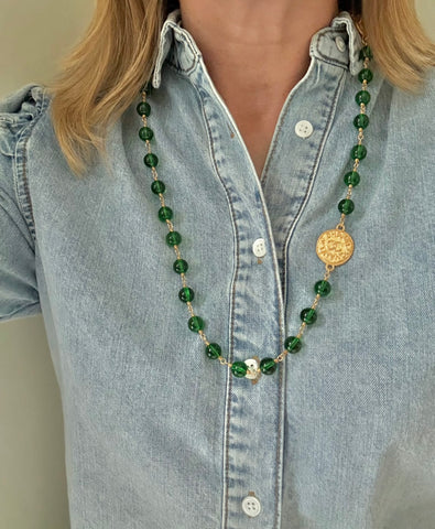 Chanel Green Gripoix Bead Necklace with Single Chanel Charm