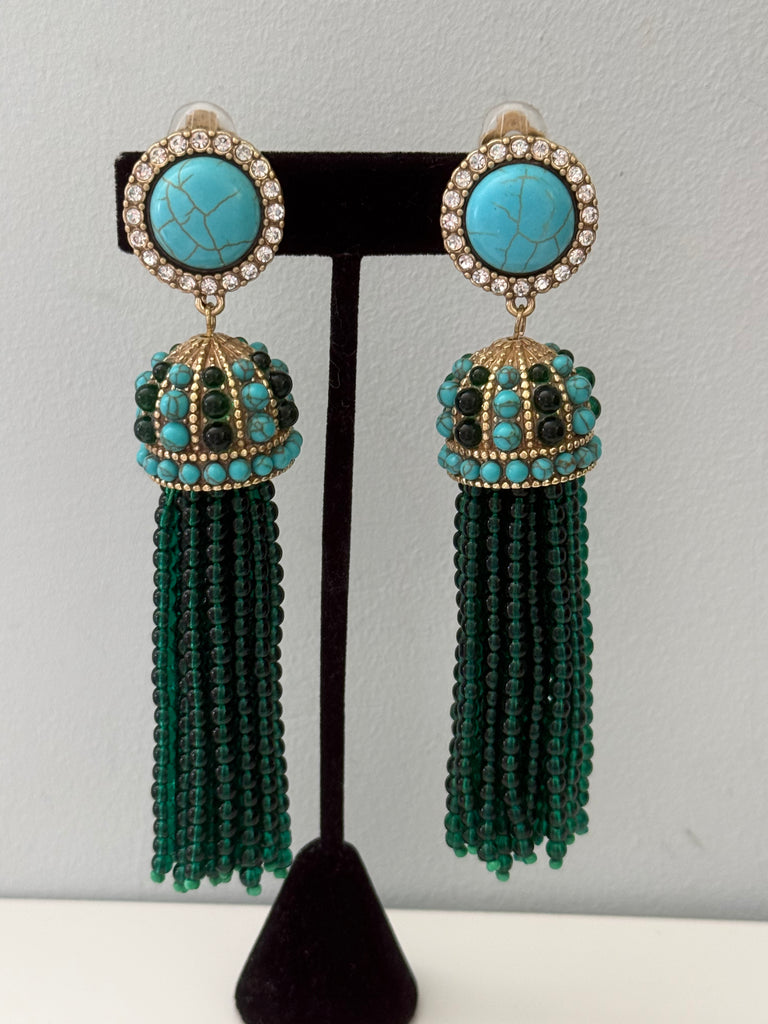 Turquoise & Green Beaded Tassel Clip On Earrings